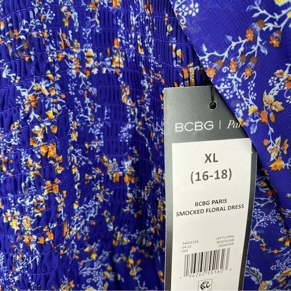 BCBG Paris Smocked Body Square Neck Long Sleeve Floral Mini Dress size XL 16-18 - Picture 7 of 7